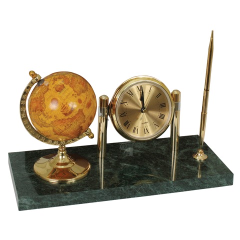 Часы на подставке из мрамора, с глобусом и шариковой ручкой