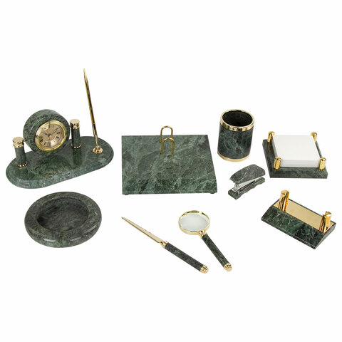 Набор настольный из мрамора, 9 предметов, зеленый мрамор/золотистые металлические детали